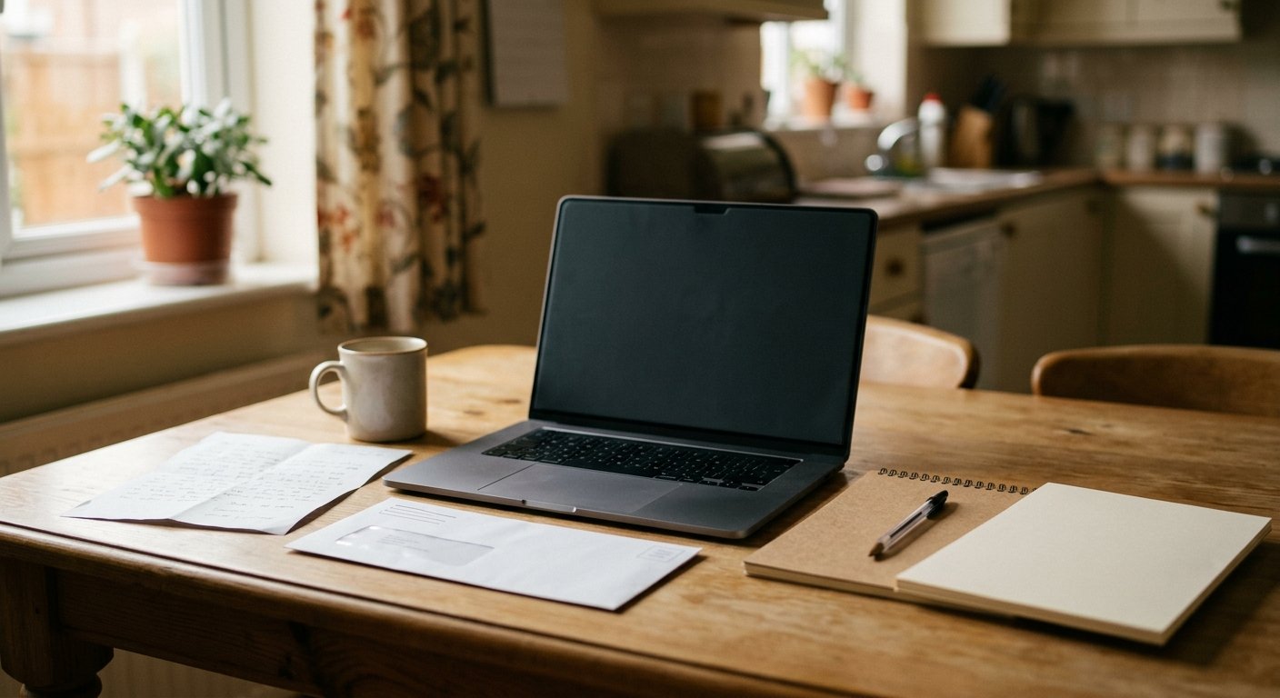 Printed email face down next to a blank application and a closed laptop on a dining table in morning light