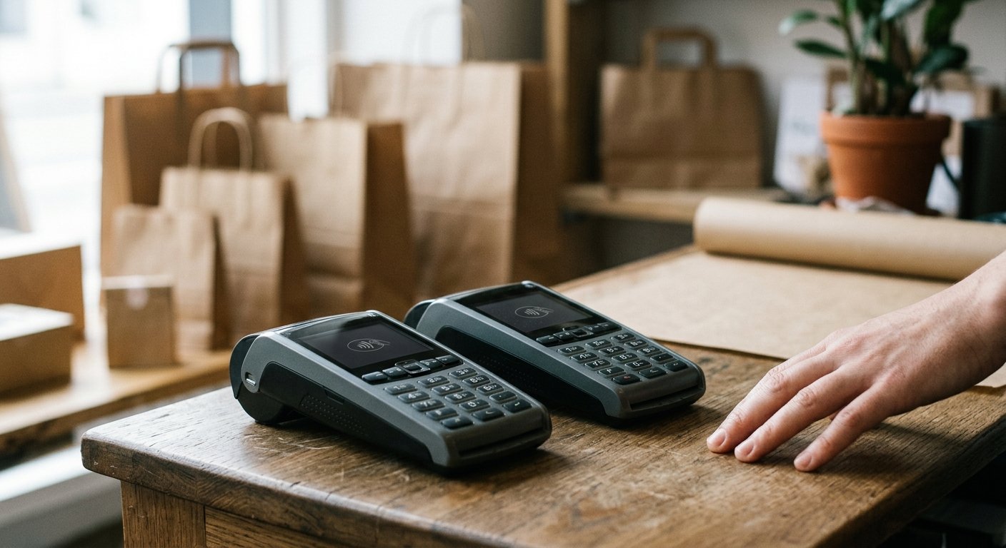 Two unbranded card terminals sitting side by side on a retail counter