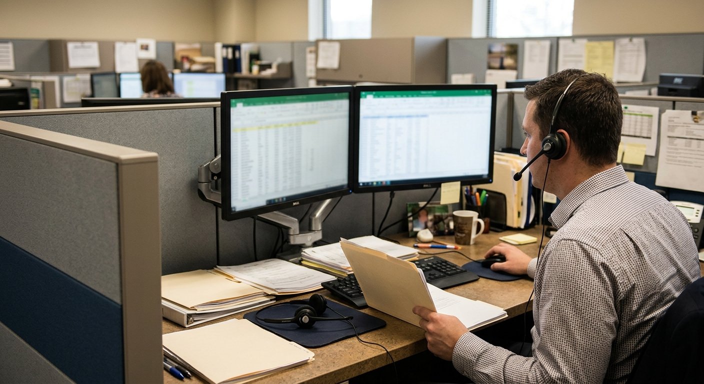 Collections office cubicle with a headset and two monitors showing blurred spreadsheets