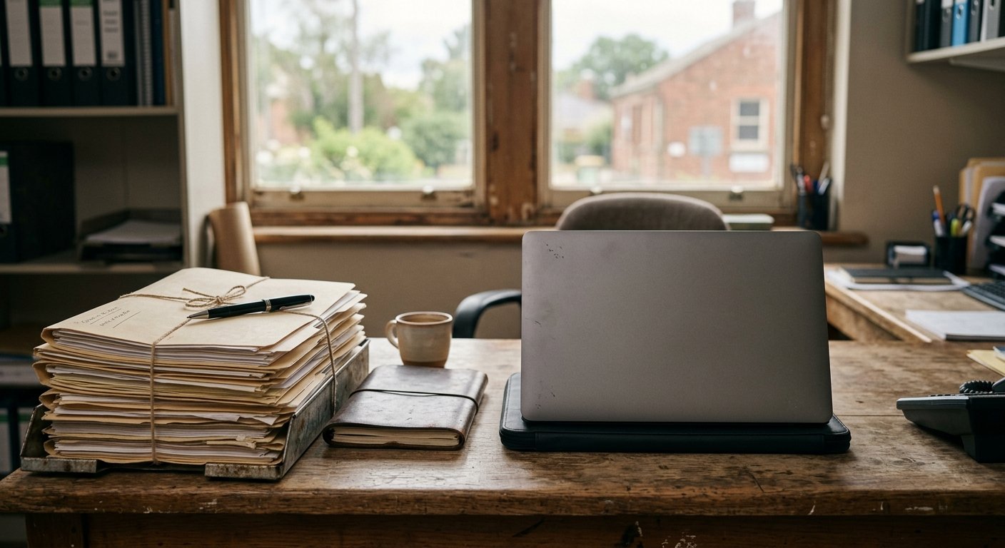 Quiet office desk with stacked paper files, a closed laptop, and a pen in warm window light