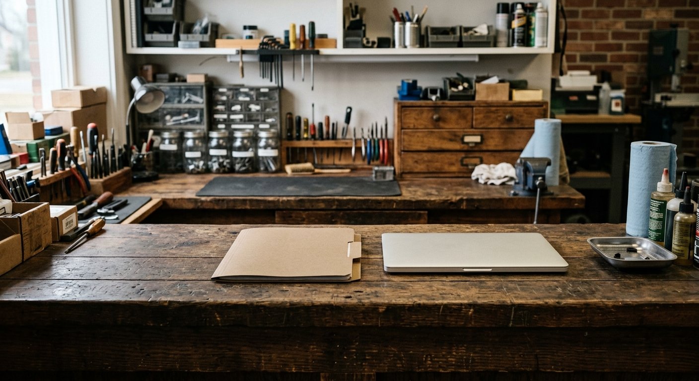 Wood gun-shop workbench with a closed laptop and an empty manila folder, no firearms visible