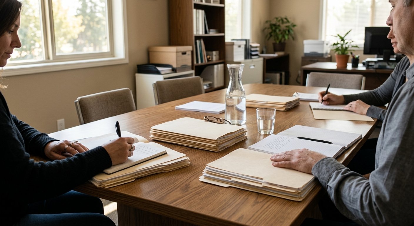 Morning light on a US office table with unlabeled folders and a glass carafe