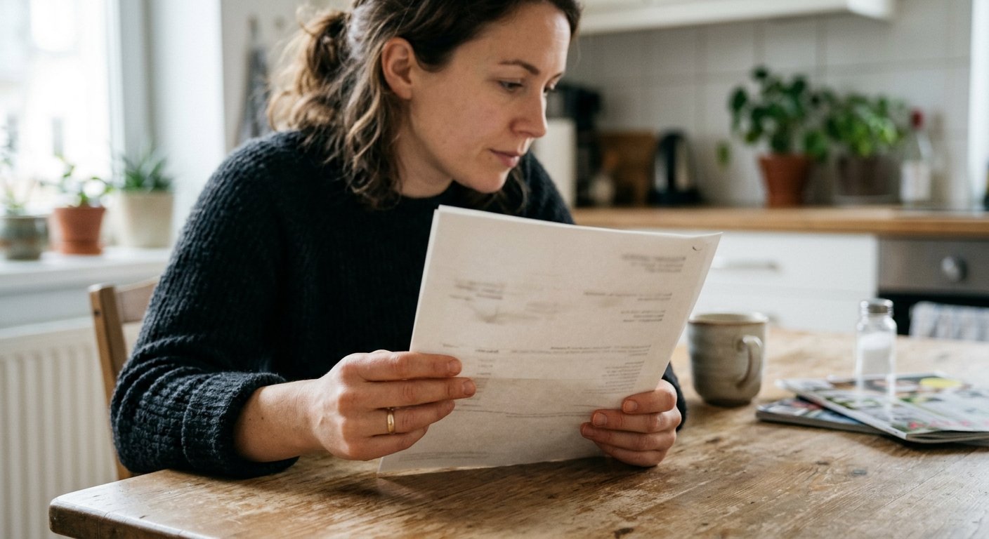 Person holding a paper bank statement with unreadable line items