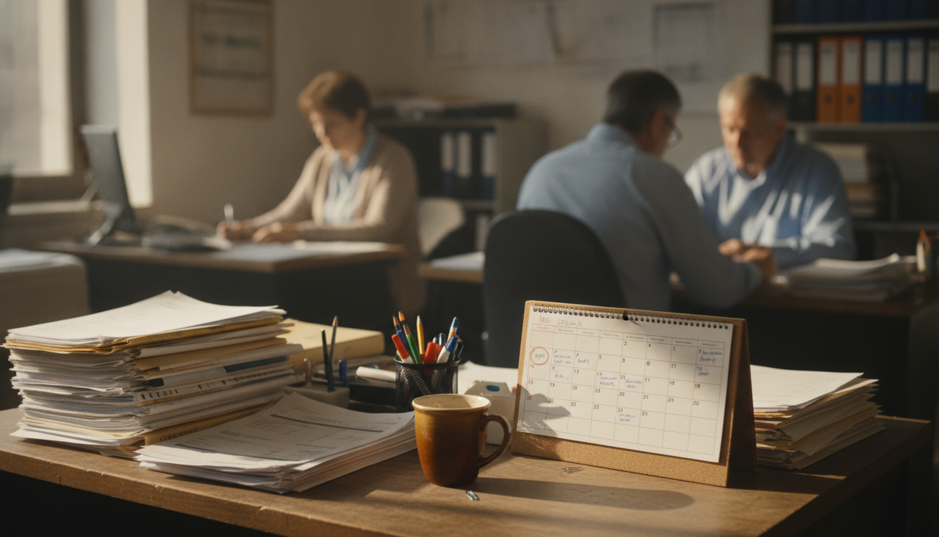 A calendar and a coffee cup on a small business back office desk