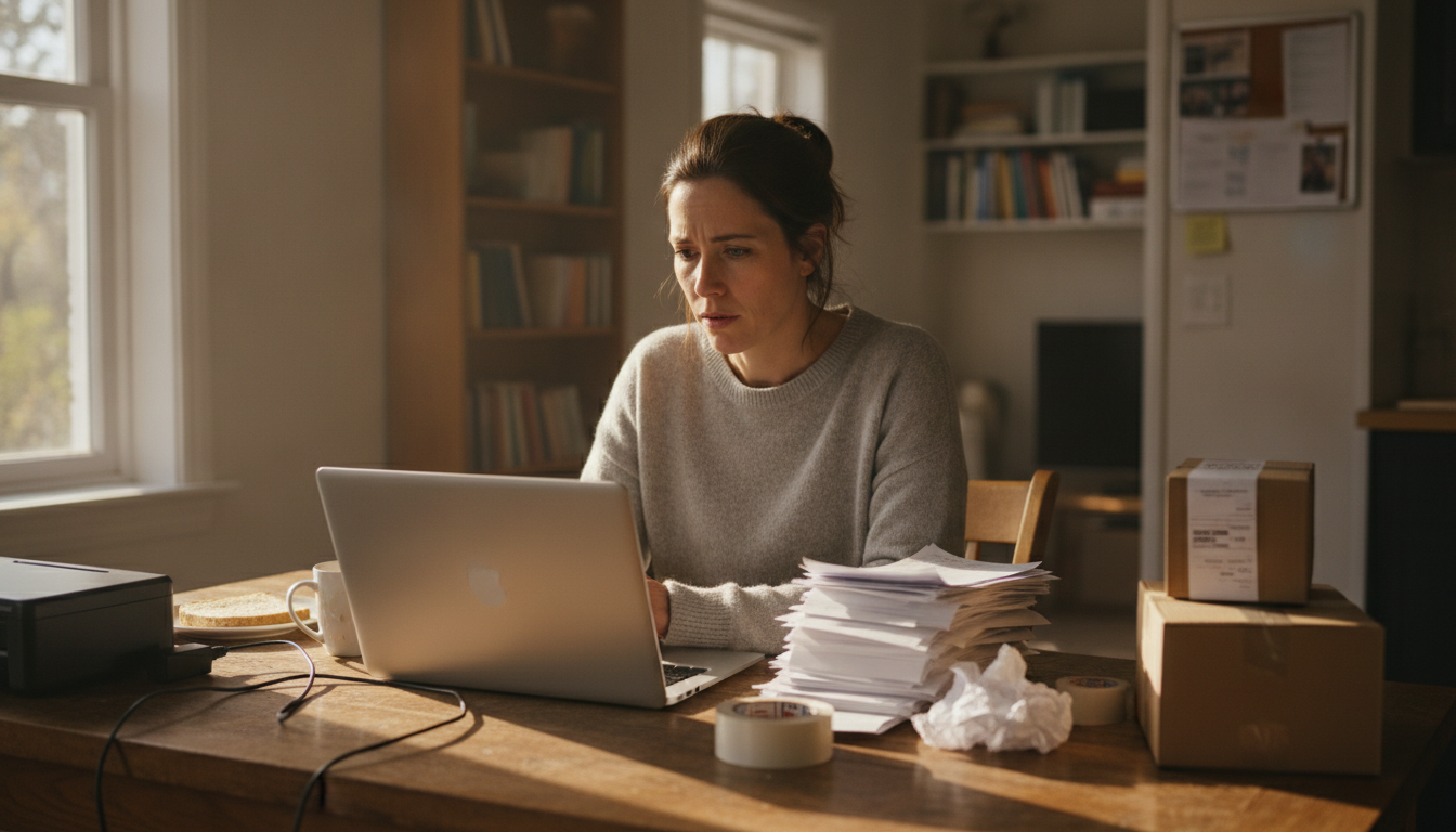 An online seller at a kitchen table reading a Stripe account closed email