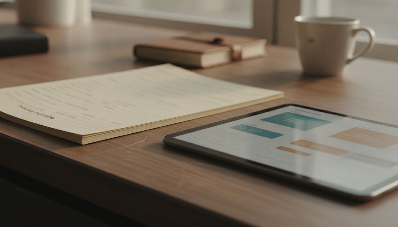 Merchant account paperwork beside an online payment dashboard
