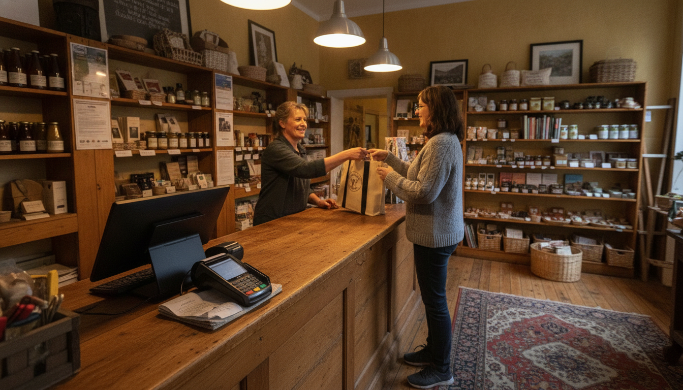 An independent shop counter with a card terminal and the owner serving a customer behind it