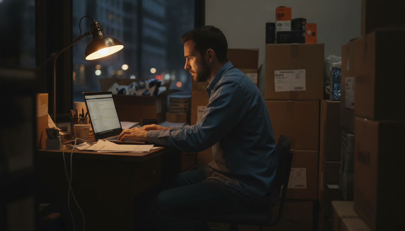 A person reviewing transaction data on a laptop in a small office at night