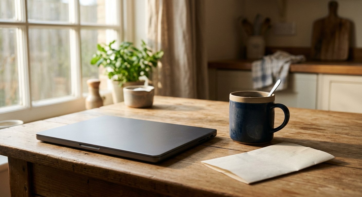 Closed laptop and cold mug on a kitchen table beside a face-down packing slip