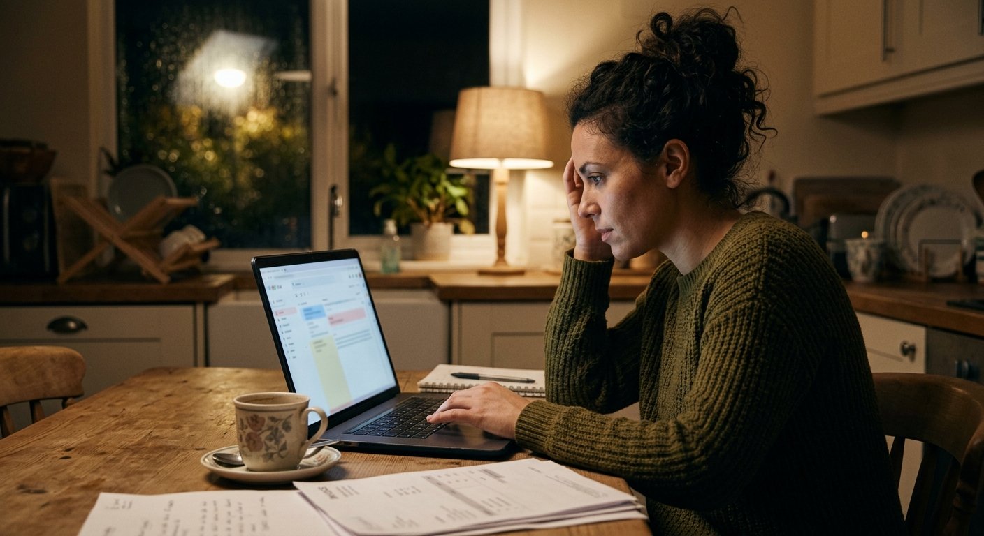Small-business owner at a kitchen table at night with an open laptop