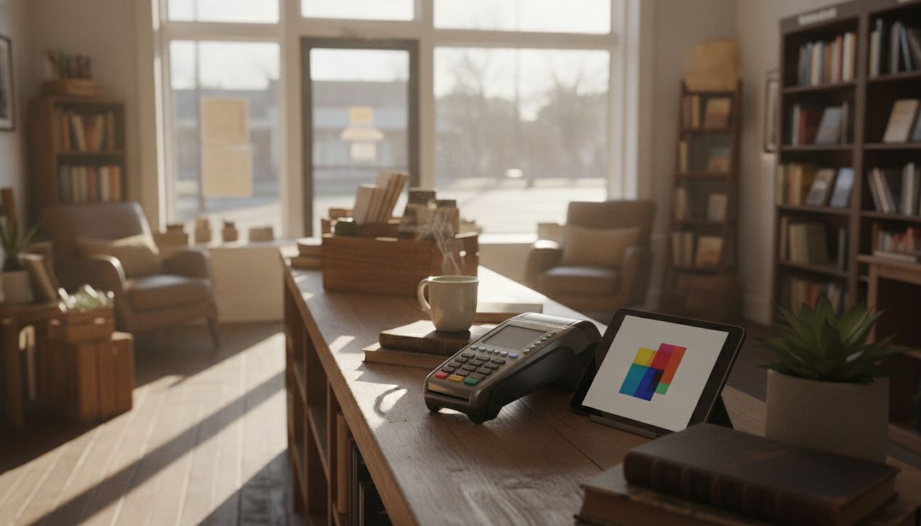 Payment terminal and checkout screen on a retail counter