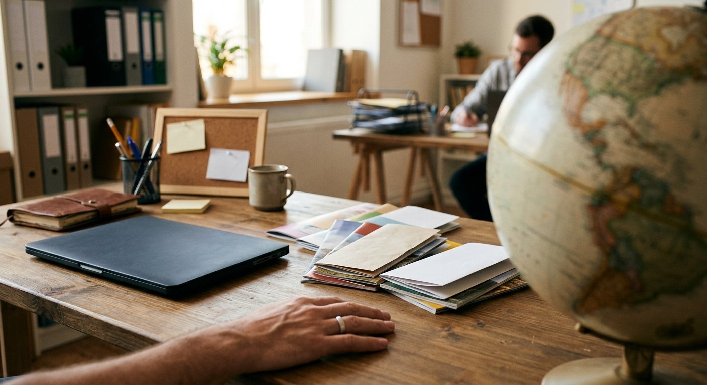 Travel office desk with face-down brochures, a globe, and a closed laptop