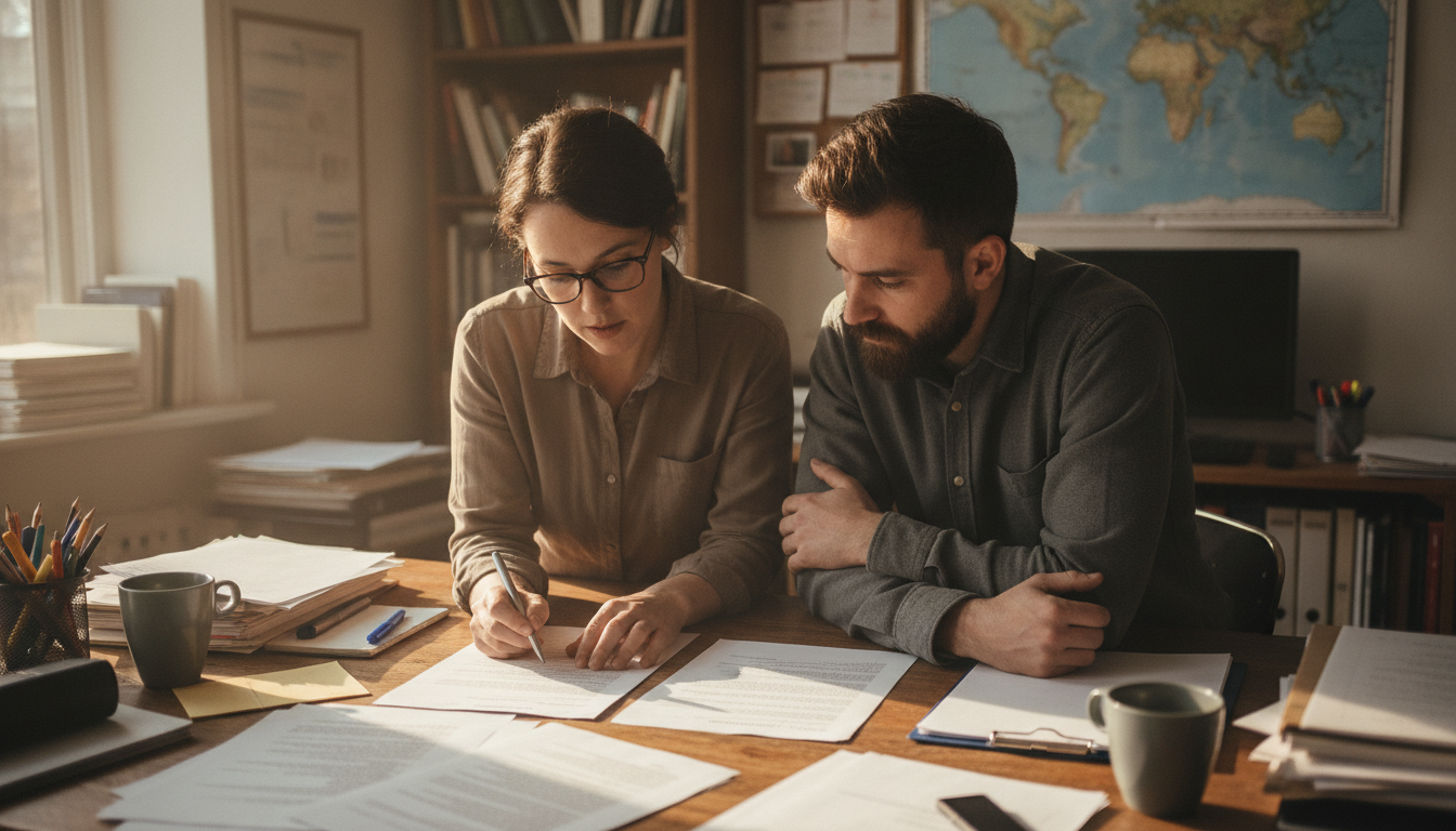 Two people comparing printed documents across a small office desk