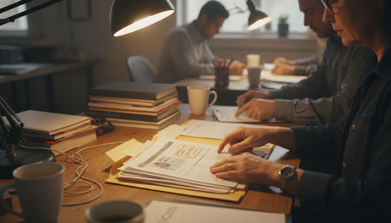 A folder of business documents and identification paperwork open on a desk