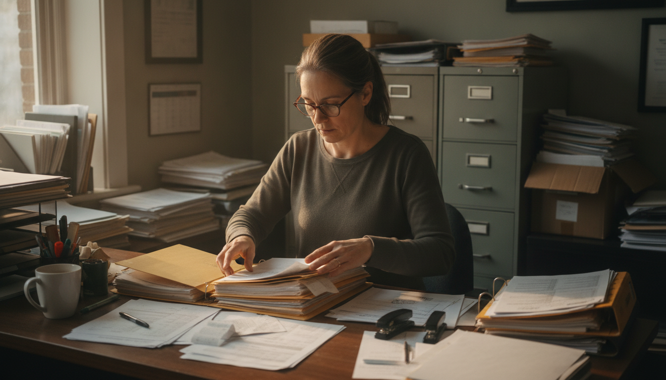 A folder of business documents open on a desk beside a laptop