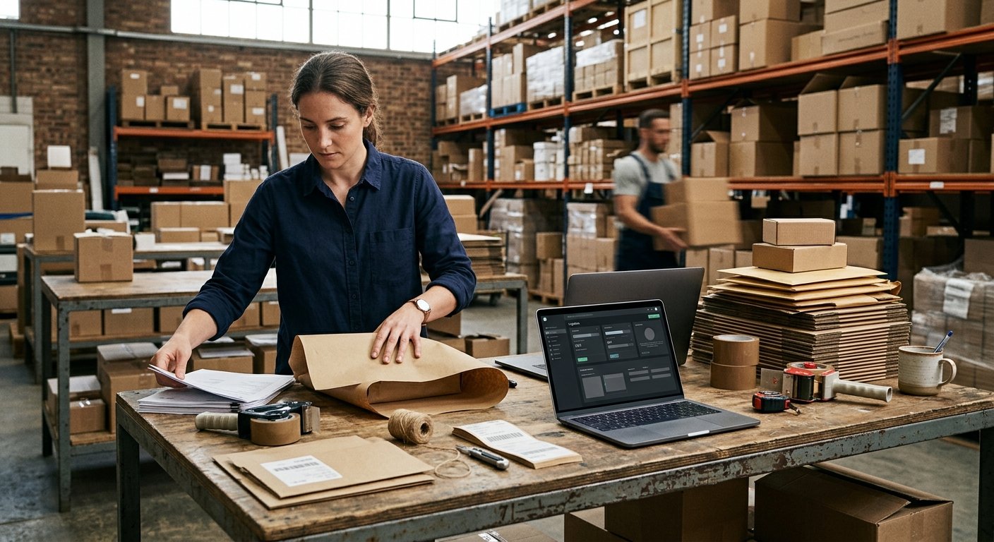 Two laptops on a warehouse packing table beside stacked cardboard mailers