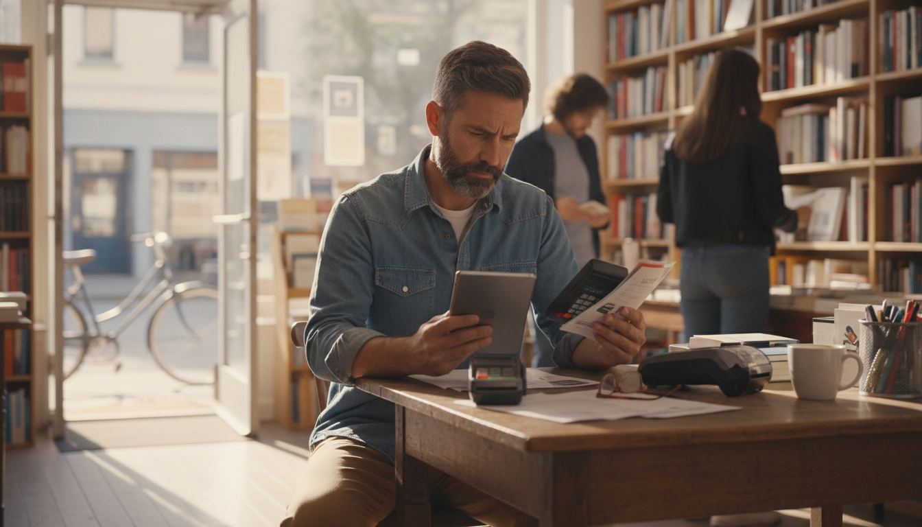 Business owner comparing credit card processing companies at an open storefront
