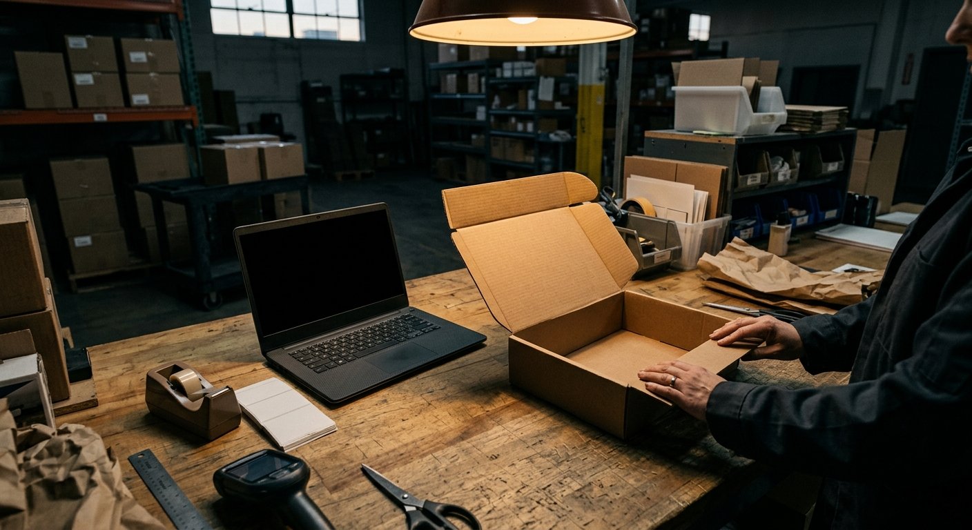 Packing table at dawn with an open cardboard mailer and a dark laptop