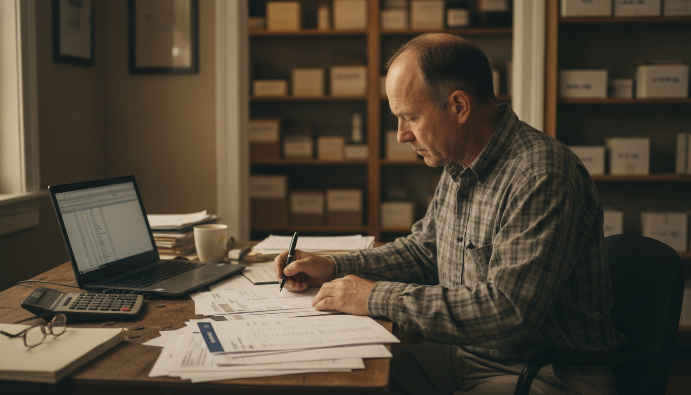 Small business owner going through processing statements and paperwork at a back office desk