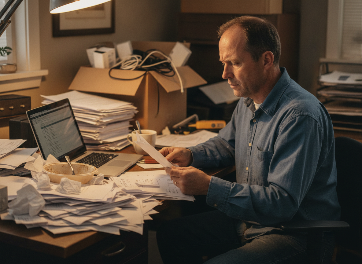 Business owner reading a processor termination letter at a cluttered back office desk